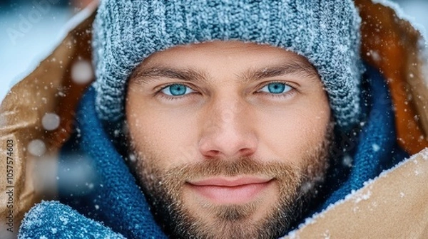 Fototapeta Man with blue eyes and a beard bundled in winter clothing, surrounded by snowflakes, AI