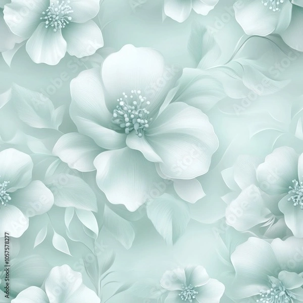 Fototapeta Delicate White Flowers On A Mint Green Background Texture pattern ,seamless pattern, texture with copy space for background and textile design