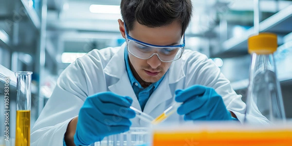 Fototapeta Lab technician wearing protective gear carefully conducts scientific research, devoted to innovative solutions in lab.
