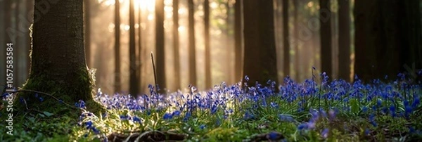 Fototapeta Sunlight streams through a dense forest, illuminating a field of blooming blue flowers in a peaceful woodland scene.
