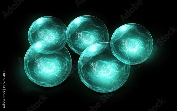 Fototapeta Glowing teal energy spheres exhibiting dynamic patterns against a dark background in a captivating digital design