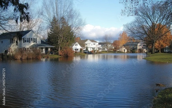 Fototapeta A serene neighborhood scene with houses reflecting in a flooded area, showcasing nature's impact on urban life.
