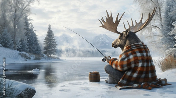 Fototapeta Winter scene with a moose fishing on an icy lake, wrapped warmly in a cozy blanket amidst snow-covered trees. Image made using Generative AI.