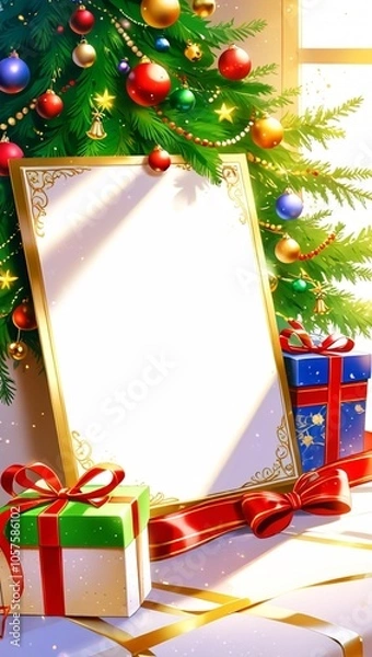 Obraz Christmas tree and gifts frame design background.