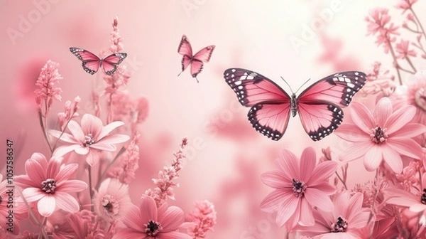 Fototapeta Minimalist pink flowers with butterflies on a pale pink background, creating a calm visual with room for messaging