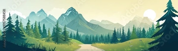 Obraz Idyllic mountain landscape with lush forests, majestic peaks, and a serene path under a clear sky, perfect for nature lovers.