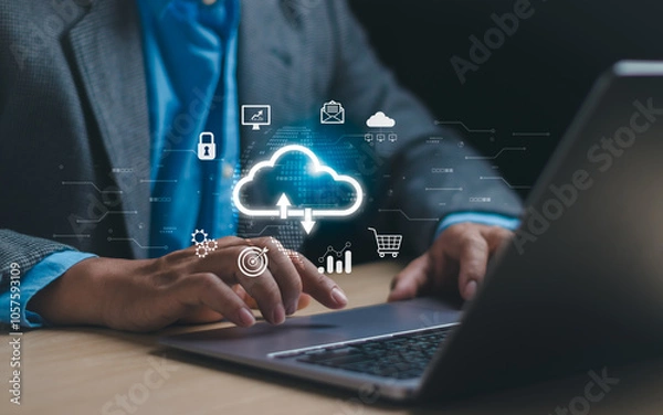 Fototapeta Businessman showing virtual cloud icon. Concept of big data storage management, digital network connection, cloud computing platform technology, computer resources for data backup