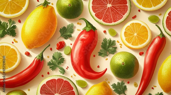 Fototapeta Wallpaper Showcasing A Bright Background Filled With Illustrations Of Popular Mexican Ingredients Such As Chili Peppers, Cilantro, And Lime, Creating A Lively Atmosphere