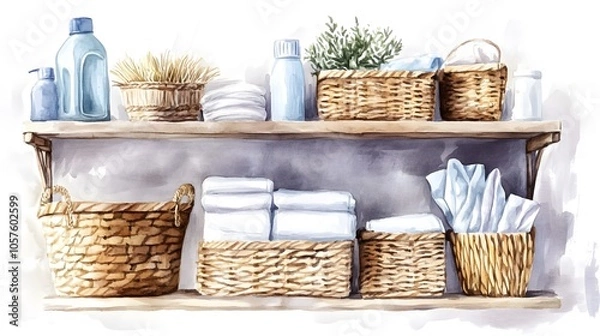Fototapeta Watercolor Artistic using soft, brushy watercolor strokes, Soft Color, Single object picture - a set of laundry room storage shelves with baskets