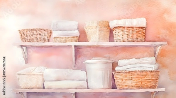 Fototapeta Watercolor Artistic using soft, brushy watercolor strokes, Soft Color, Single object picture - a set of laundry room storage shelves with baskets