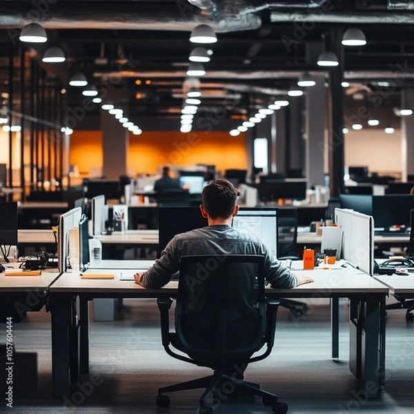 Fototapeta Man working at a single desk amidst a vacant office space with unused desks surrounding her