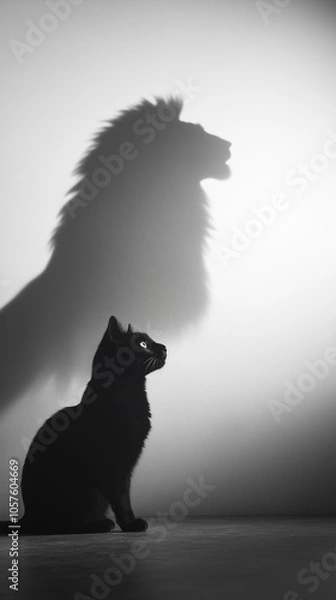 Fototapeta Black cat sitting on the floor casts a large shadow on the wall resembling a roaring lion, symbolizing courage, ambition, and the power of self belief