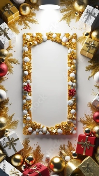 Obraz Christmas tree and gifts frame design 3D render background.