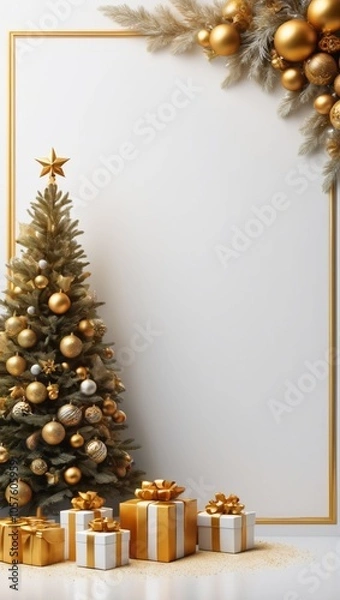 Obraz Christmas tree and gifts frame design 3D render background.