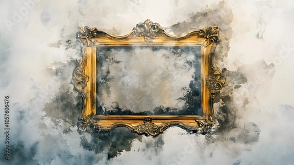 Fototapeta Watercolor Artistic using soft, brushy watercolor strokes, Soft Color, Single object picture - a decorative wall mirror with a golden frame