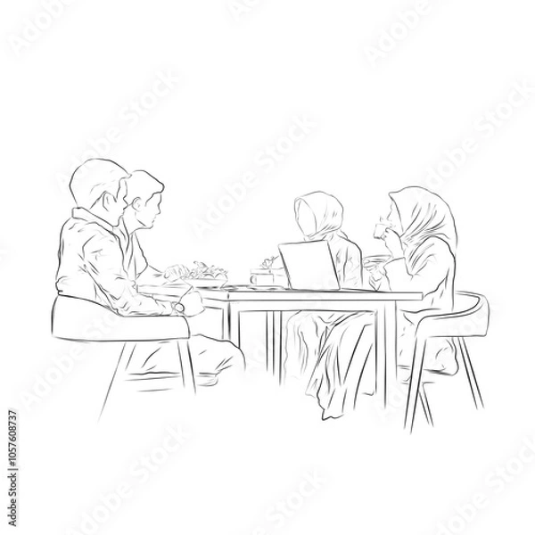 Fototapeta double sketch of a couple eating and drinking together while discussing business