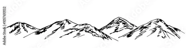 Fototapeta Mountain range, panoramic landscape, nature. Long banner. Rocky terrain, hills. Simple vector ink sketch.