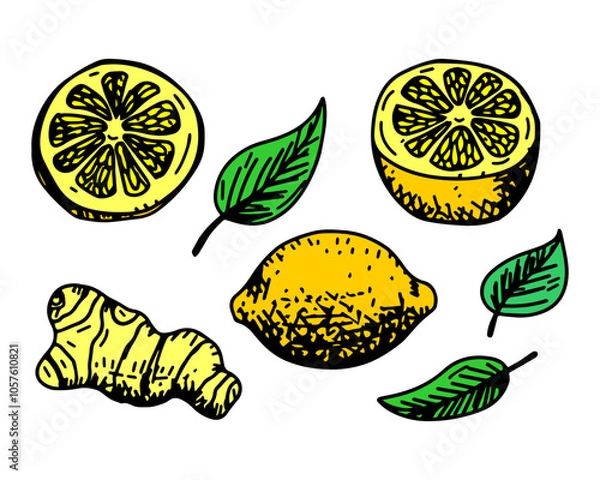 Fototapeta A vibrant botanical pattern featuring lemons, green tea leaves, ginger root, blending natural elements and culinary themes for a fresh, exotic design.
