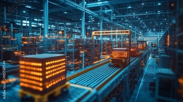 Obraz Automated guided vehicles - agvs - are transporting packages along a conveyor belt in a modern. Automated warehouse. Showcasing the efficiency and innovation of contemporary logistics and distribution