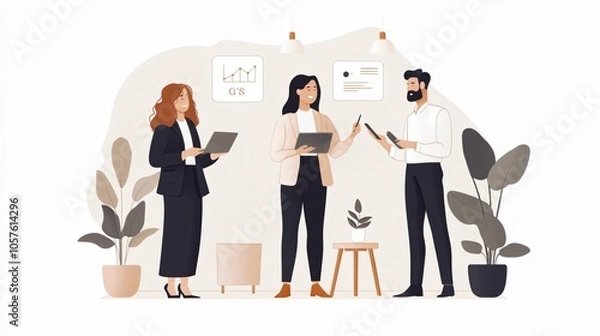 Fototapeta Diverse Executive Team Brainstorming ESG Goals in Minimalist Office with Financial Charts Collaborative Success Planning
