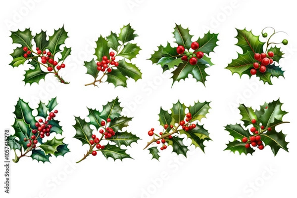 Fototapeta Festive Holly Leaf and Berry Set