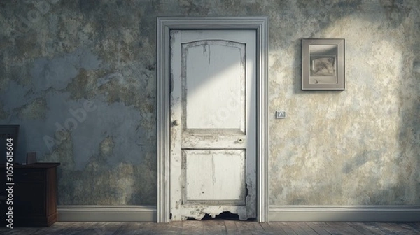 Fototapeta Sunlight illuminates a weathered white door in a decaying room, highlighting the grunge textured wall and adding to the atmosphere of neglect and abandonment