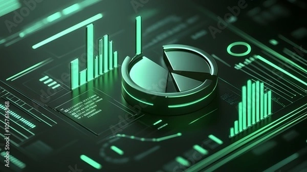 Fototapeta 
Cute isometric 3D image of 3D pie chart and bar chart in realistic metallic silver illuminated by neon green. add floating, transparent charts and circular measurement tools. ensure perfect shapes an