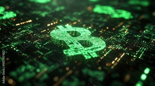Fototapeta A digital representation of cryptocurrency trends in a futuristic cityscape illuminated by vibrant green lights