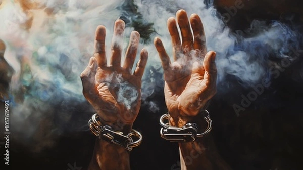 Obraz Hands breaking free from metal handcuffs surrounded by smoke rising in the air, symbolizing freedom, liberation, and overcoming addiction