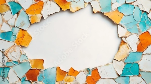 Fototapeta White background with oval frame made of broken colorful tiles.