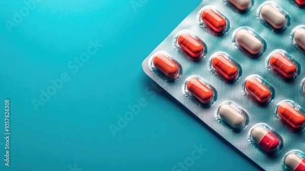 Fototapeta Blister packed tablets and capsules organized in a row Pharmaceutical concept featuring pills and medications Suitable for pharmacy or healthcare related themes Background with space for text