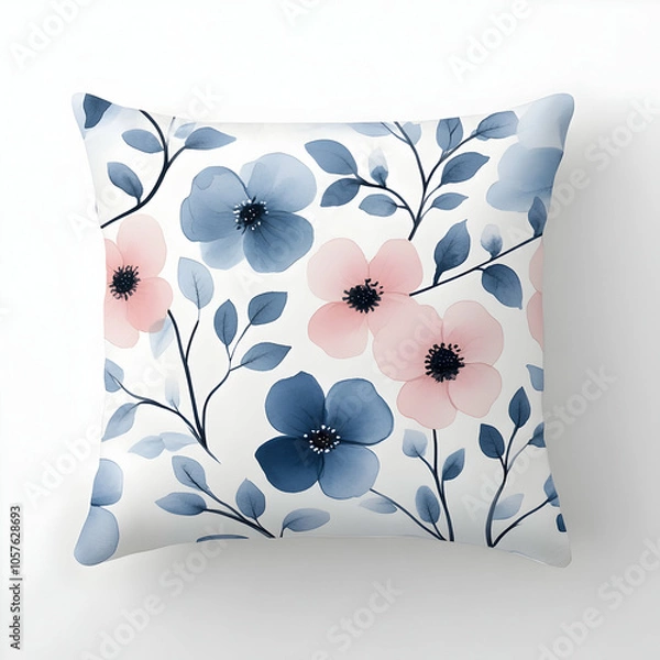 Fototapeta Soft Pillow with Watercolor Floral Pattern in Pastel Colors on a Light Background