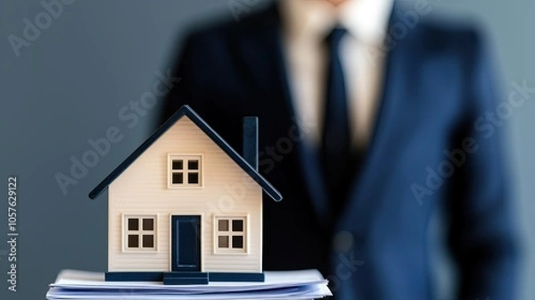 Fototapeta A miniature house model is placed on paperwork in front of a person in a suit, symbolizing real estate and professionalism.