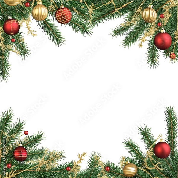 Fototapeta Christmas Frame with Ornaments and Pine Branches