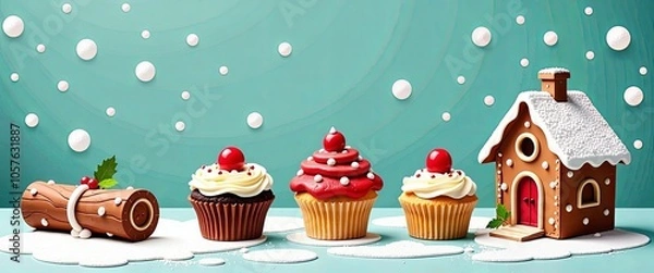 Fototapeta A row of cupcakes with a house on the right and snowflakes on the left. The cupcakes are decorated with frosting and fruit