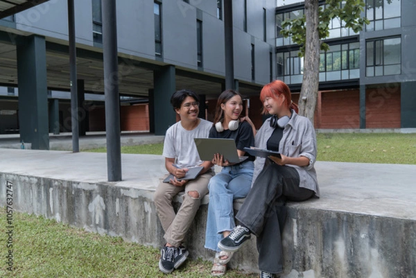 Fototapeta Three young students are sitting outside on campus, working together on a project using a laptop and tablets, enjoying the fresh air and collaborative learning environment