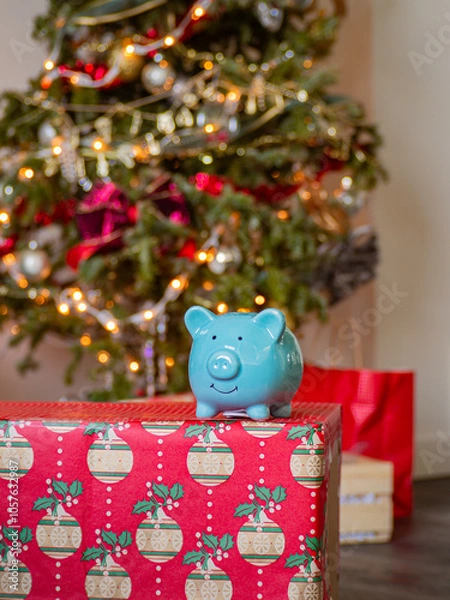 Fototapeta Blue piggy bank front of a Christmas tree decorated with beautiful Christmas vibes. Holiday season in December for family and friends together and give a gift and using money. saving money for present