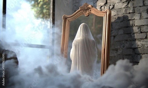 Fototapeta A mysterious figure in a veil stands before an ornate mirror in fog.
