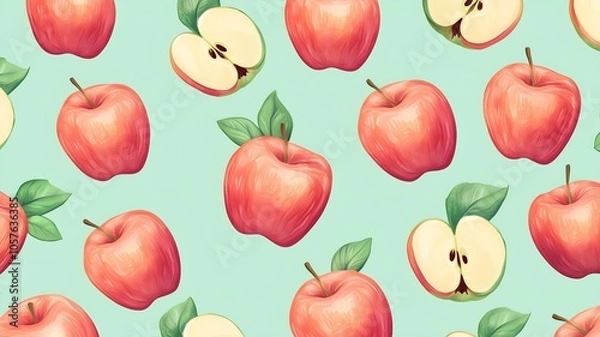 Fototapeta cartoon style seamless pattern with apples on light green background 
