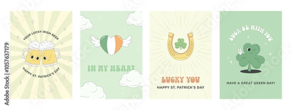 Fototapeta Saint Patrick's Day set of holiday gift card. Funny characters shamrock and Irish beer. Horseshoe for luck, heart in the colors of the Irish flag.