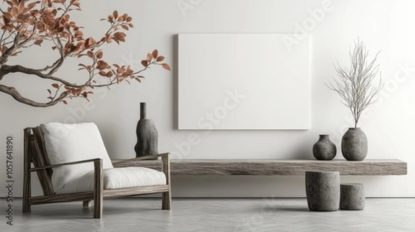 Fototapeta White room with a white wall and a large white picture frame. Mockup.