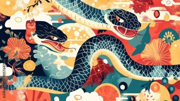 Obraz Colorful Collage of Various Snakes in Artistic Design