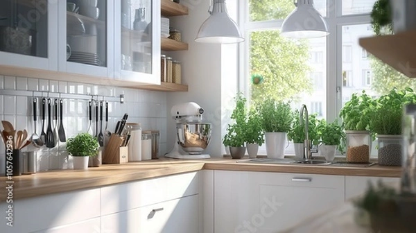 Fototapeta Bright and Airy Kitchen with White Cabinetry