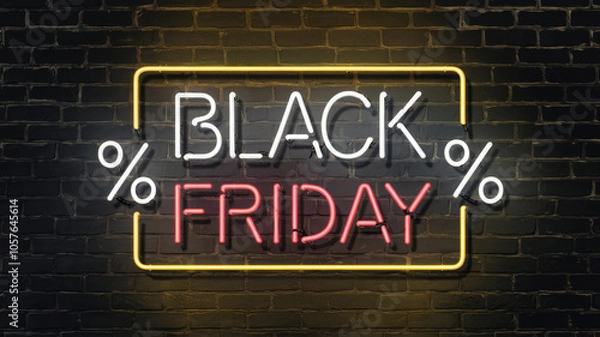 Obraz Neon Black Friday sale sign on dark brick wall for high-impact advertising and eye-catching retail promotion