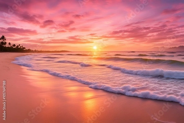 Fototapeta Golden pink sunrise over a tropical beach sky full of warm hues with gentle waves, AI Generated