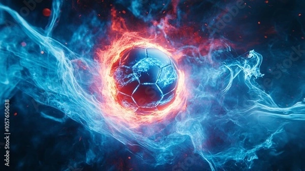 Fototapeta A vibrant, dynamic depiction of a soccer ball surrounded by colorful flames and ethereal smoke, symbolizing energy and passion for the game.