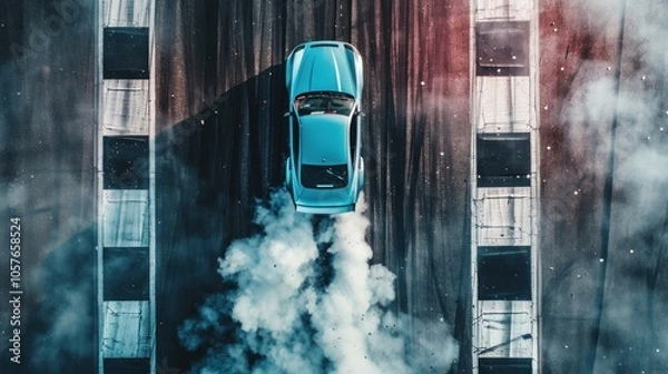 Fototapeta top view of an aerial shot from above of the race track, a cyan car doing burnout on it, smoke coming out of its back wheel and black asphalt