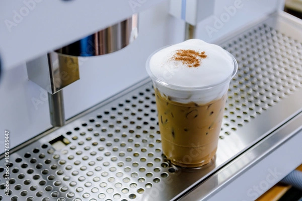Fototapeta Coffee latte with milk foam.Coffee from a large coffee maker.
