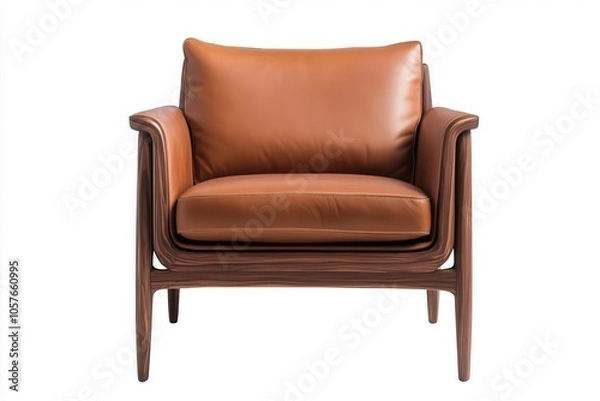 Obraz A stylish, modern brown leather chair with a sleek wooden frame, perfect for adding elegance to any living space.