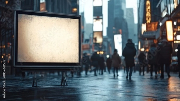 Fototapeta Billboard background with a dark, textured surface ready for an ad, positioned against a modern, bustling downtown area with people walking by.